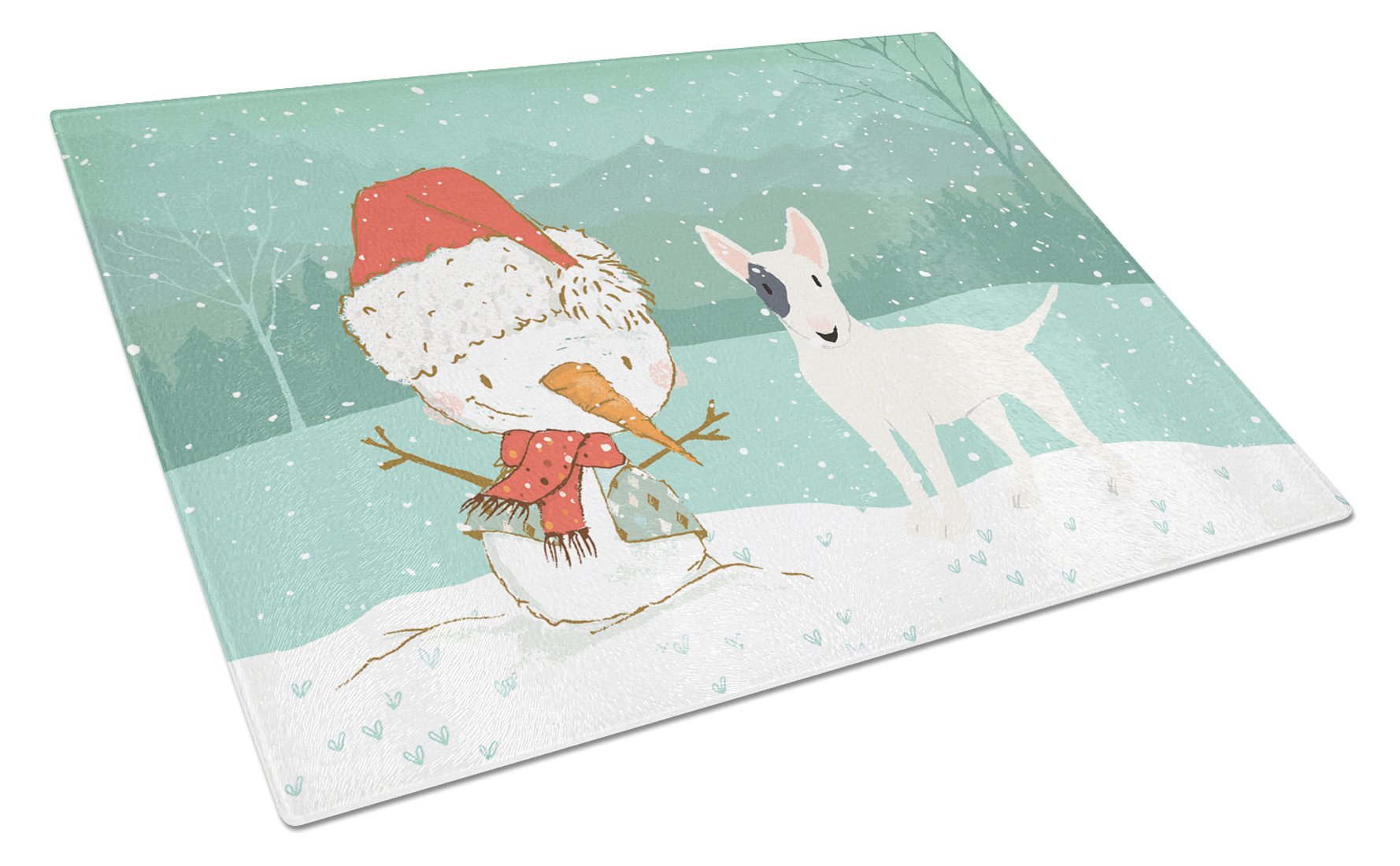 White Spot Bull Terrier Snowman Christmas Cutting Board Tempered Glass Kitchen Cutting Surface, Heat Resistant Chopping, Non-Slip Feet, Food Prep & Serving