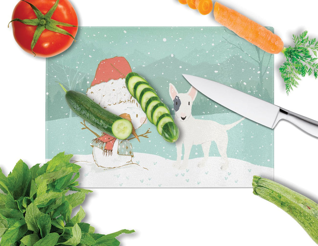 White Spot Bull Terrier Snowman Christmas Cutting Board Tempered Glass Kitchen Cutting Surface, Heat Resistant Chopping, Non-Slip Feet, Food Prep & Serving