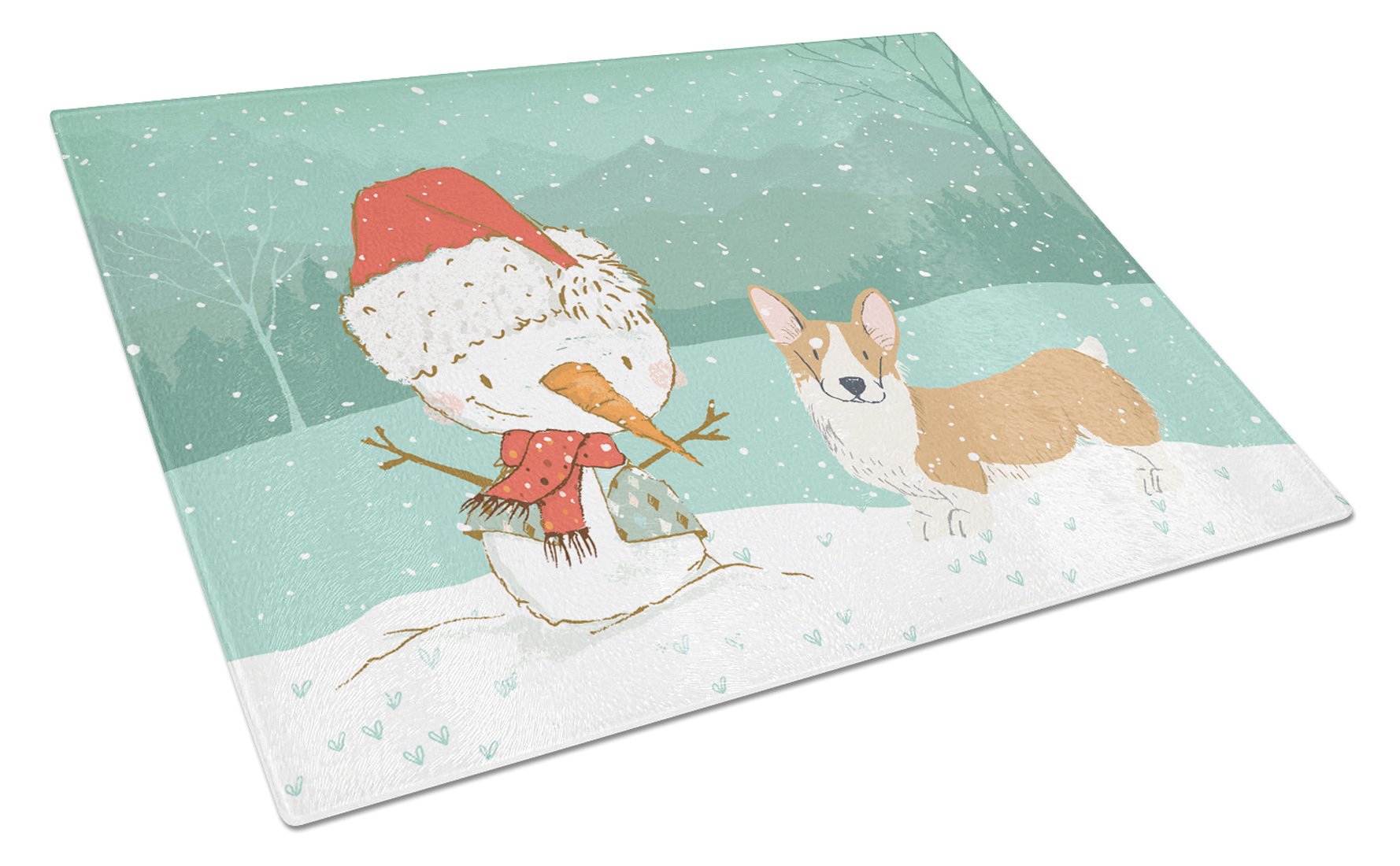 Pembroke Corgi Snowman Christmas Cutting Board Tempered Glass Kitchen Cutting Surface, Heat Resistant Chopping, Non-Slip Feet, Food Prep & Serving