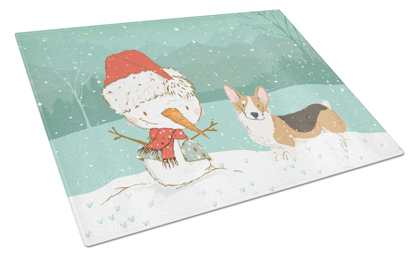 Tricolor Pembroke Corgi Snowman Christmas Cutting Board Tempered Glass Kitchen Cutting Surface, Heat Resistant Chopping, Non-Slip Feet, Food Prep & Serving