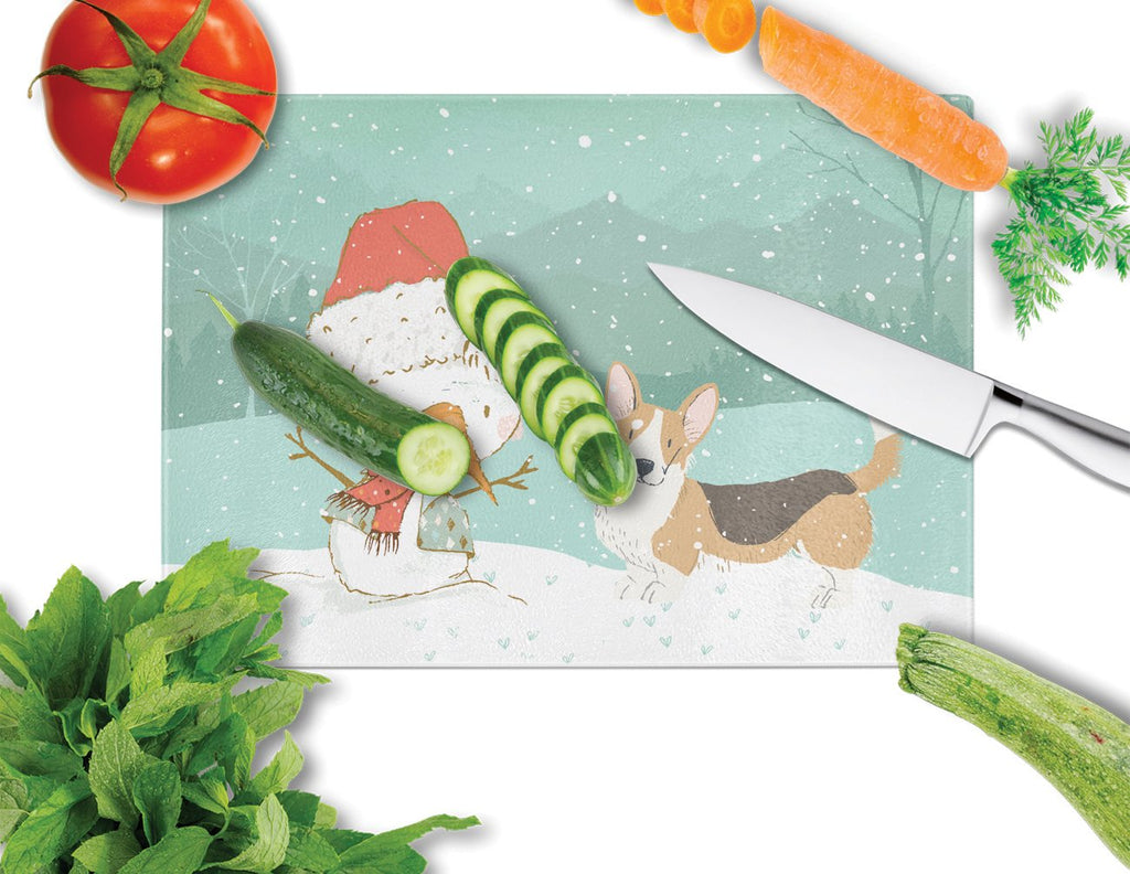 Tricolor Cardigan Corgi Snowman Christmas Cutting Board Tempered Glass Kitchen Cutting Surface, Heat Resistant Chopping, Non-Slip Feet, Food Prep & Serving
