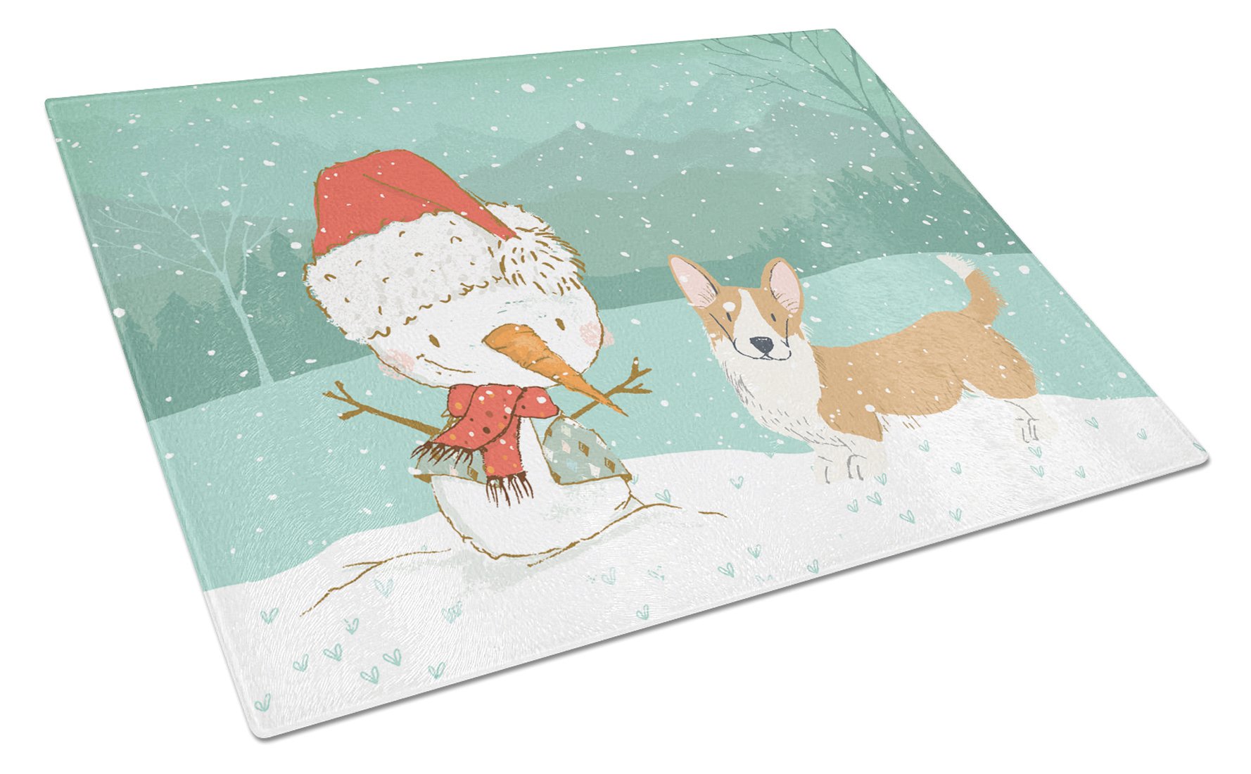 Cardigan Corgi Snowman Christmas Cutting Board Tempered Glass Kitchen Cutting Surface, Heat Resistant Chopping, Non-Slip Feet, Food Prep & Serving