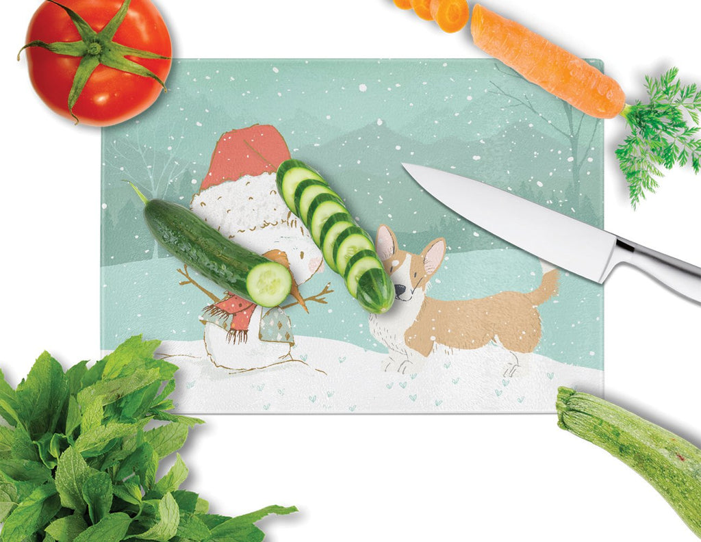 Cardigan Corgi Snowman Christmas Cutting Board Tempered Glass Kitchen Cutting Surface, Heat Resistant Chopping, Non-Slip Feet, Food Prep & Serving