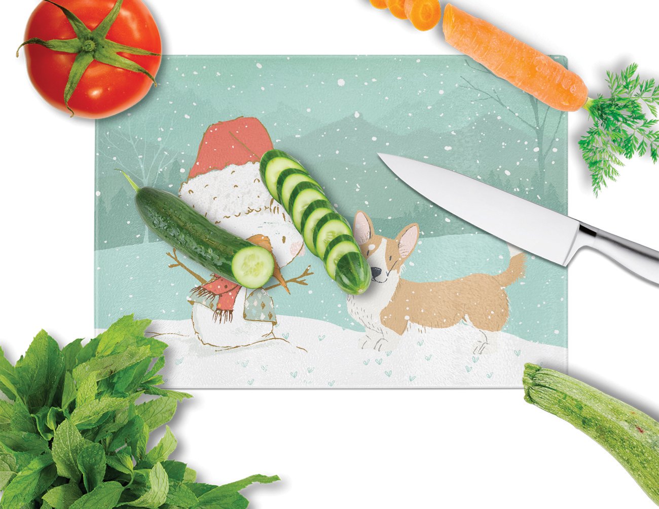 Cardigan Corgi Snowman Christmas Cutting Board Tempered Glass Kitchen Cutting Surface, Heat Resistant Chopping, Non-Slip Feet, Food Prep & Serving