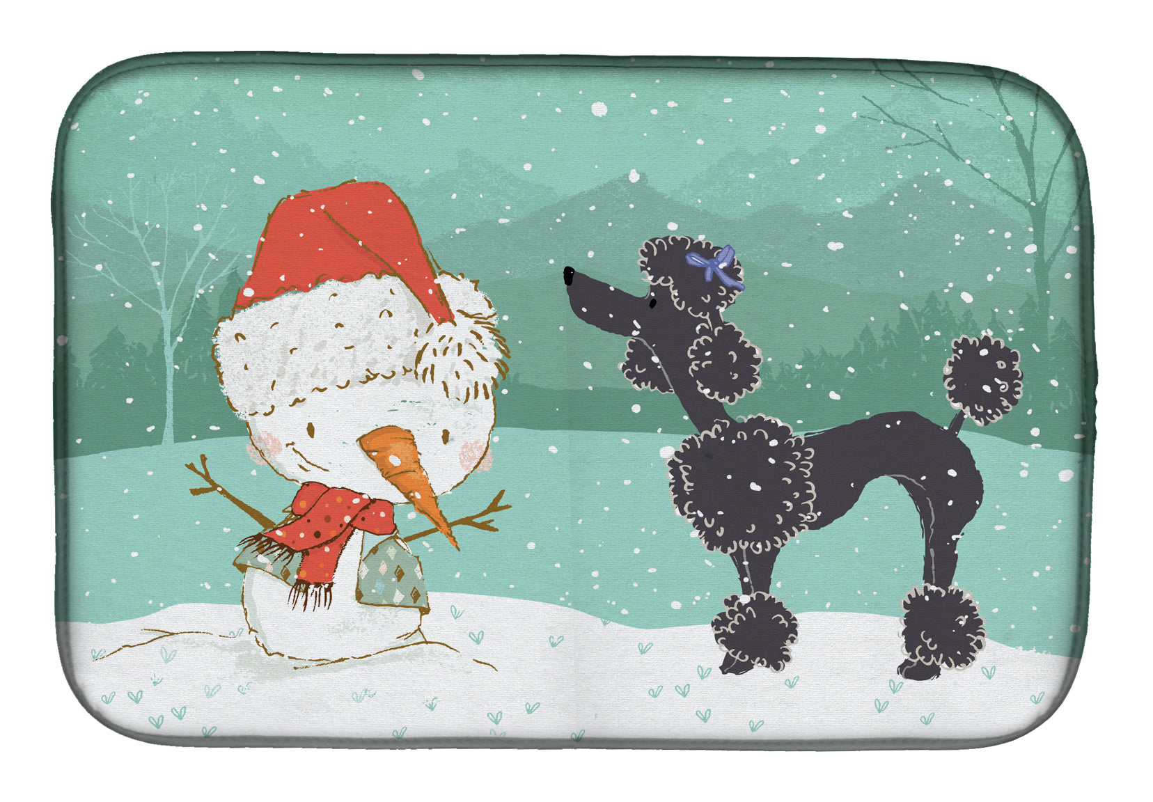 Black Poodle Snowman Christmas Dish Drying Mat Absorbent Dish Drying Mat Pad for Kitchen Counter Dish Drainer Mat for Countertop, 14 x 21", Multicolor