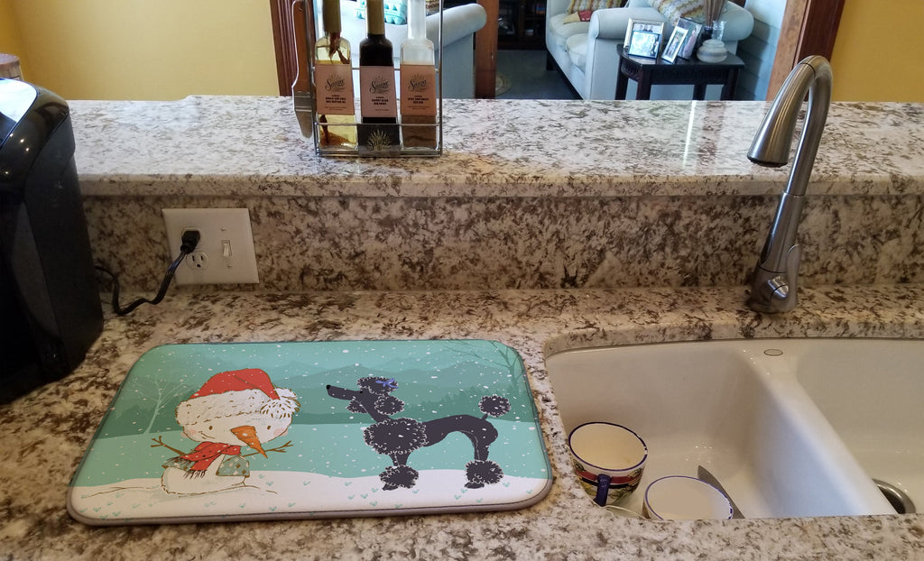 Black Poodle Snowman Christmas Dish Drying Mat Absorbent Dish Drying Mat Pad for Kitchen Counter Dish Drainer Mat for Countertop, 14 x 21", Multicolor