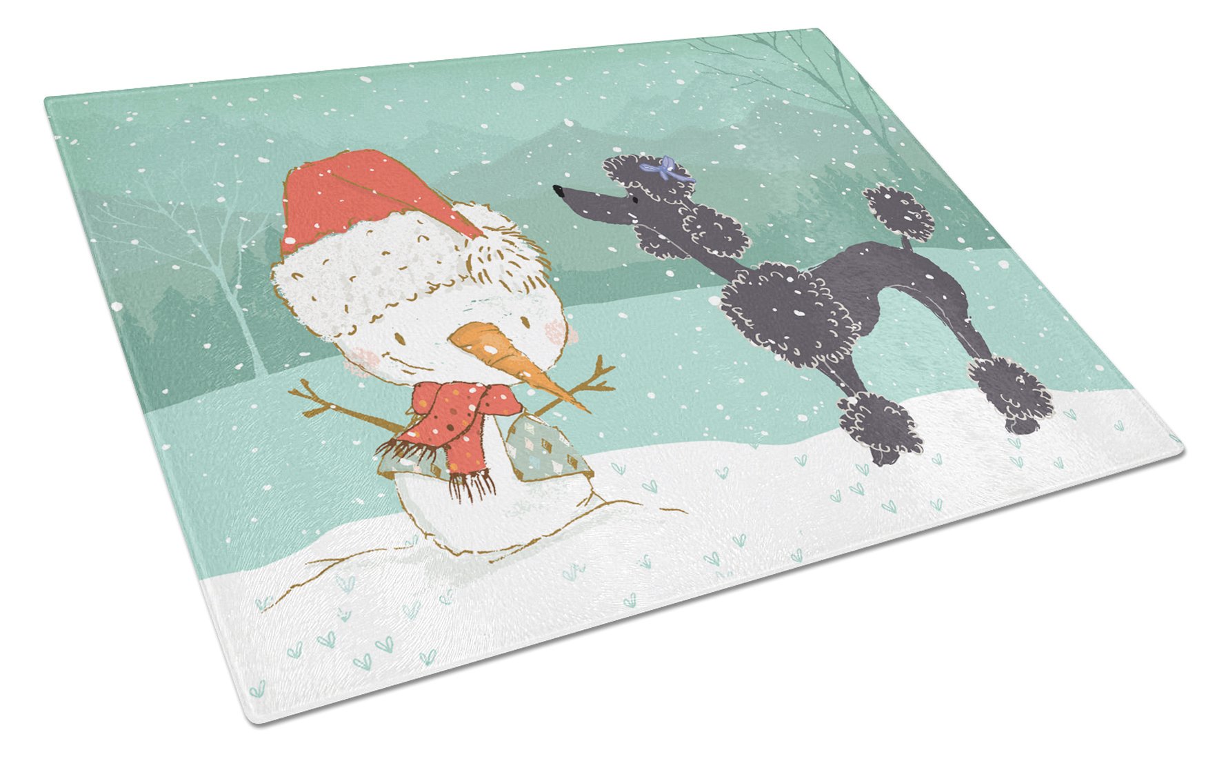 Black Poodle Snowman Christmas Cutting Board Tempered Glass Kitchen Cutting Surface, Heat Resistant Chopping, Non-Slip Feet, Food Prep & Serving