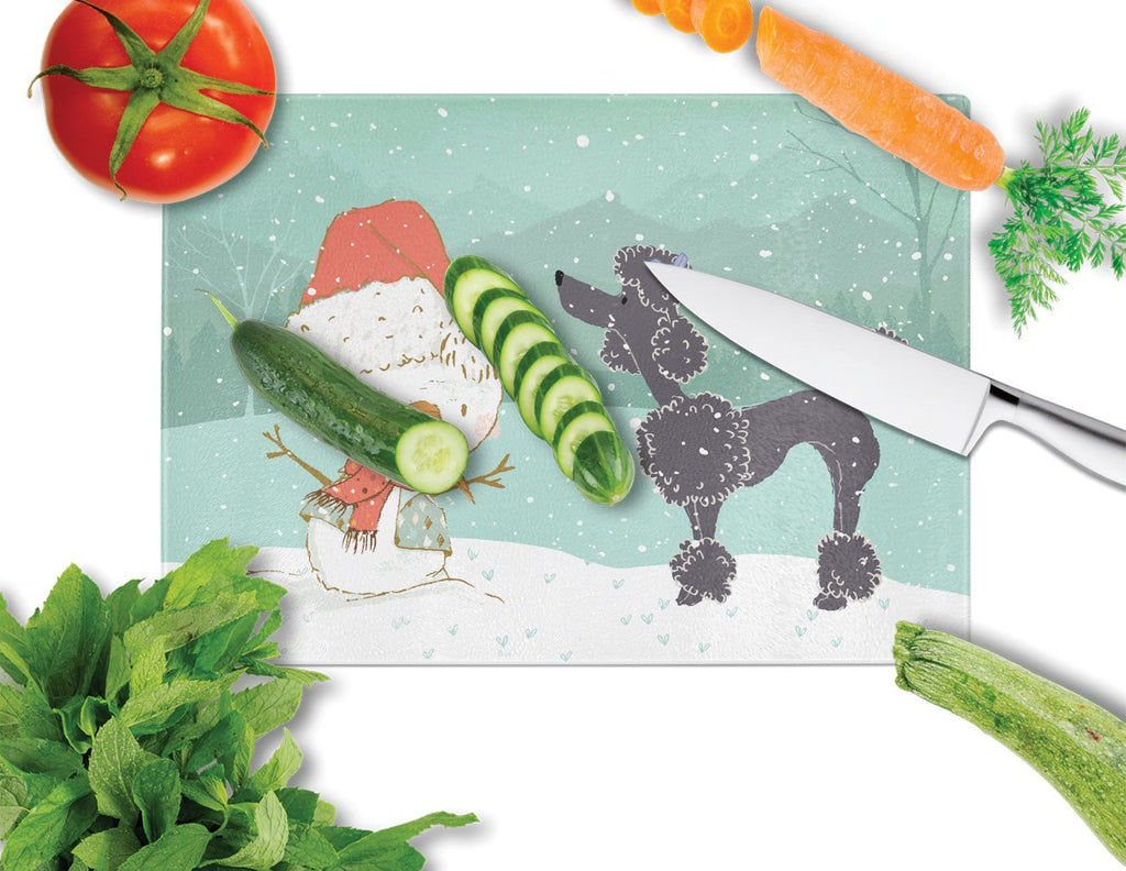 Black Poodle Snowman Christmas Cutting Board Tempered Glass Kitchen Cutting Surface, Heat Resistant Chopping, Non-Slip Feet, Food Prep & Serving