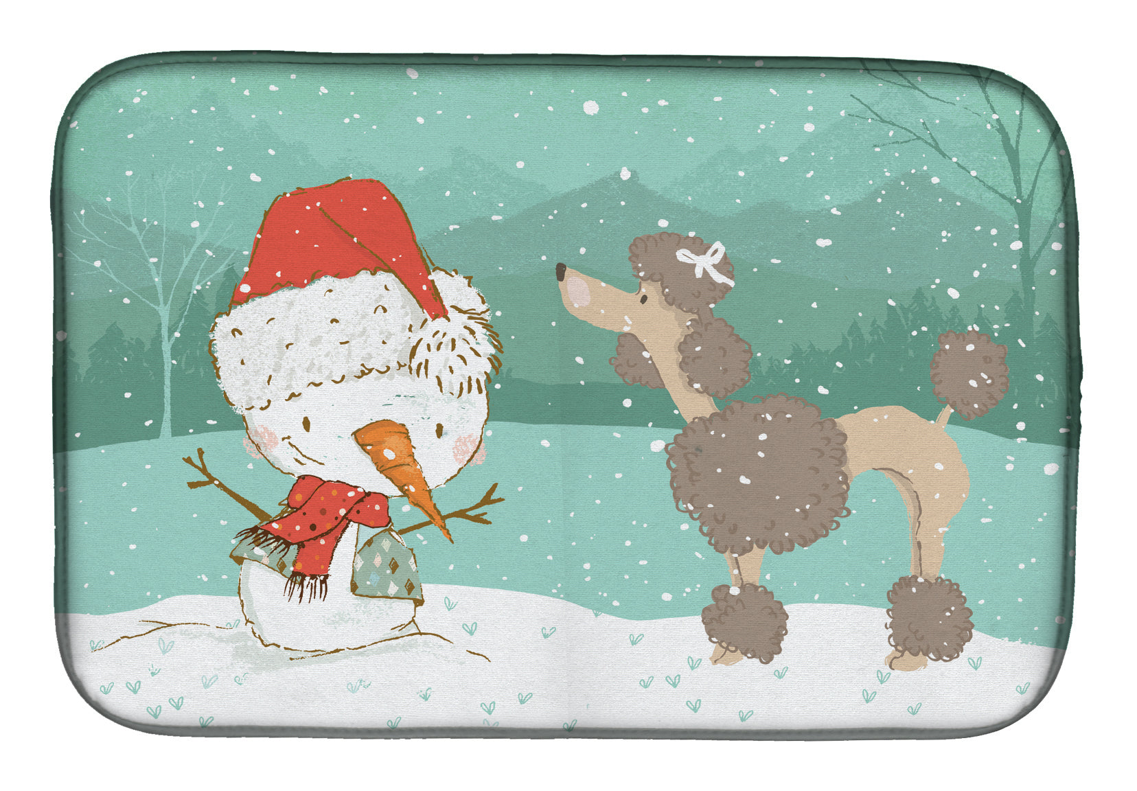 Chocolate Poodle Snowman Christmas Dish Drying Mat Absorbent Dish Drying Mat Pad for Kitchen Counter Dish Drainer Mat for Countertop, 14 x 21", Multicolor