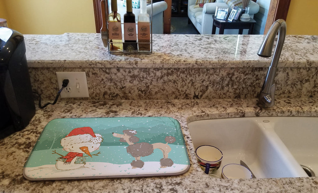 Chocolate Poodle Snowman Christmas Dish Drying Mat Absorbent Dish Drying Mat Pad for Kitchen Counter Dish Drainer Mat for Countertop, 14 x 21", Multicolor