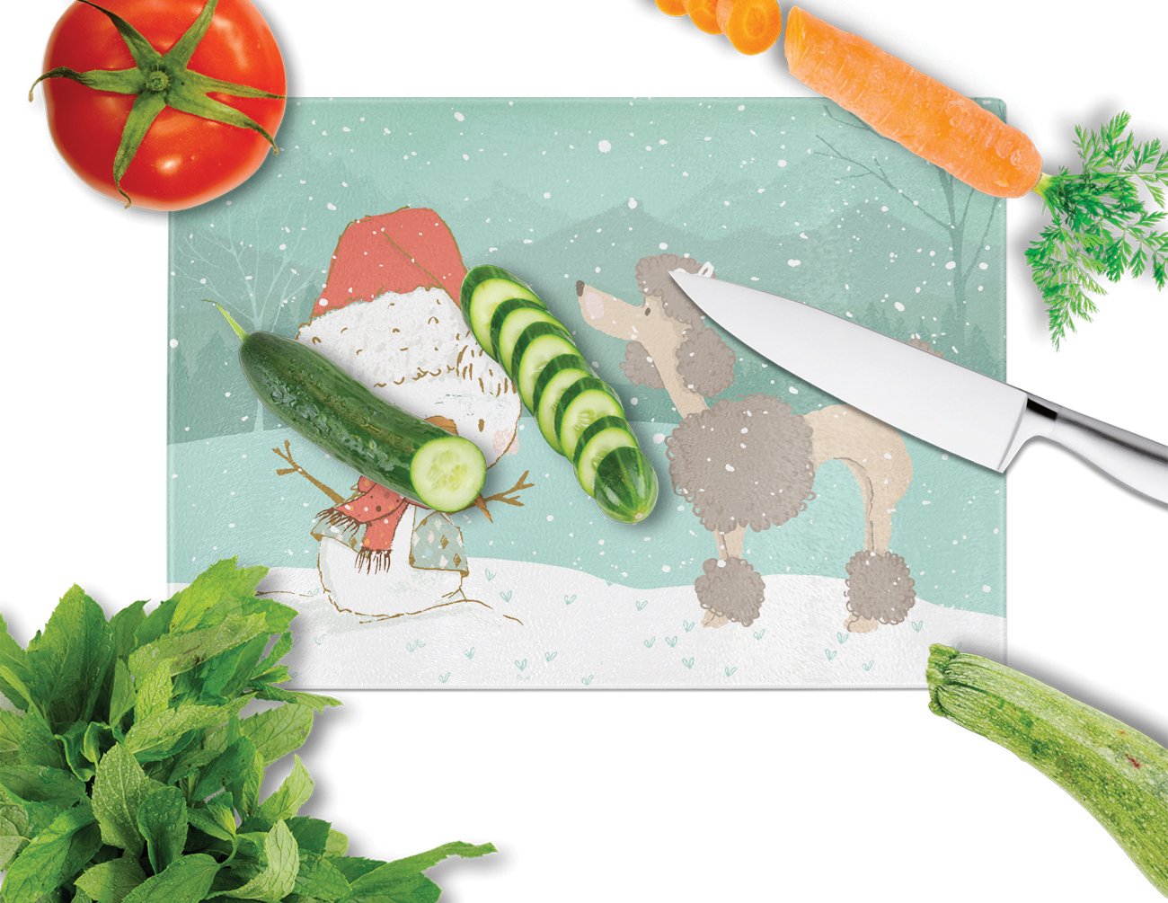Chocolate Poodle Snowman Christmas Cutting Board Tempered Glass Kitchen Cutting Surface, Heat Resistant Chopping, Non-Slip Feet, Food Prep & Serving