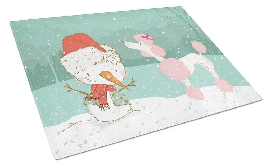 Pink Poodle Snowman Christmas Cutting Board Tempered Glass Kitchen Cutting Surface, Heat Resistant Chopping, Non-Slip Feet, Food Prep & Serving