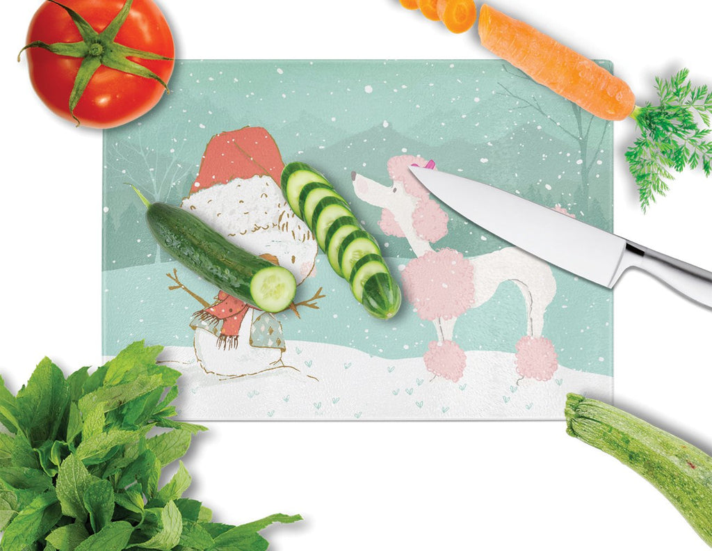 Pink Poodle Snowman Christmas Cutting Board Tempered Glass Kitchen Cutting Surface, Heat Resistant Chopping, Non-Slip Feet, Food Prep & Serving