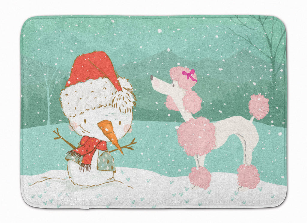 Pink Poodle Snowman Christmas Memory Foam Kitchen Mat Machine Washable Anti-Fatigue Cushion Comfort Bath or Kitchen Rug