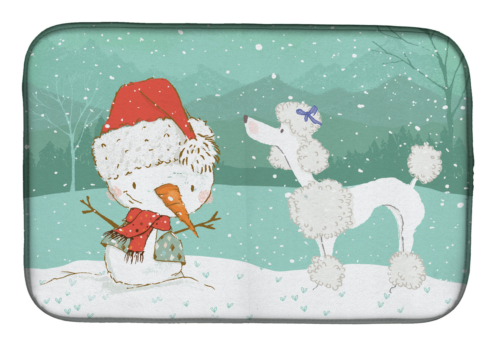White Poodle Snowman Christmas Dish Drying Mat Absorbent Dish Drying Mat Pad for Kitchen Counter Dish Drainer Mat for Countertop, 14 x 21", Multicolor