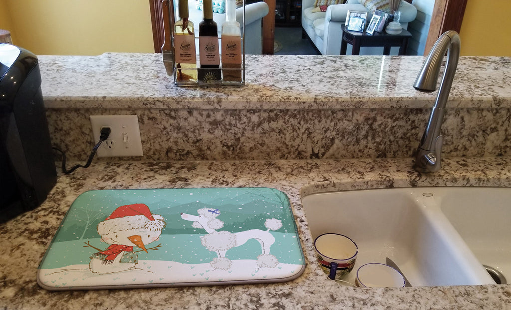 White Poodle Snowman Christmas Dish Drying Mat Absorbent Dish Drying Mat Pad for Kitchen Counter Dish Drainer Mat for Countertop, 14 x 21", Multicolor