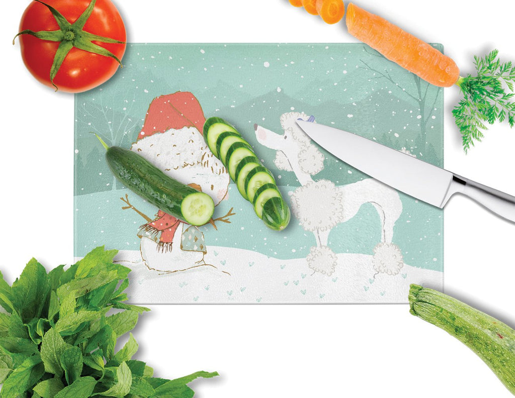 White Poodle Snowman Christmas Cutting Board Tempered Glass Kitchen Cutting Surface, Heat Resistant Chopping, Non-Slip Feet, Food Prep & Serving