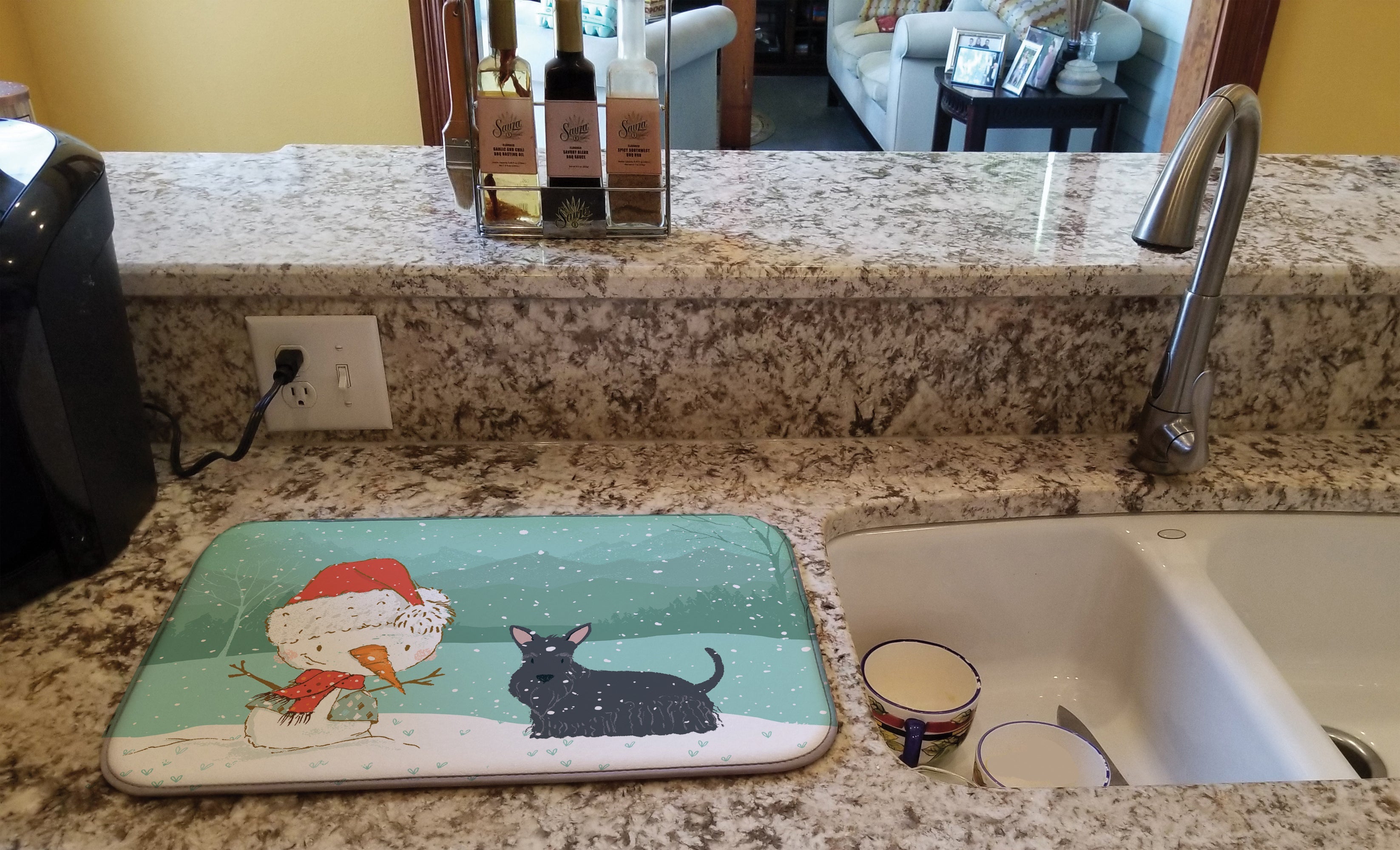 Scottish Terrier Snowman Christmas Dish Drying Mat Absorbent Dish Drying Mat Pad for Kitchen Counter Dish Drainer Mat for Countertop, 14 x 21", Multicolor