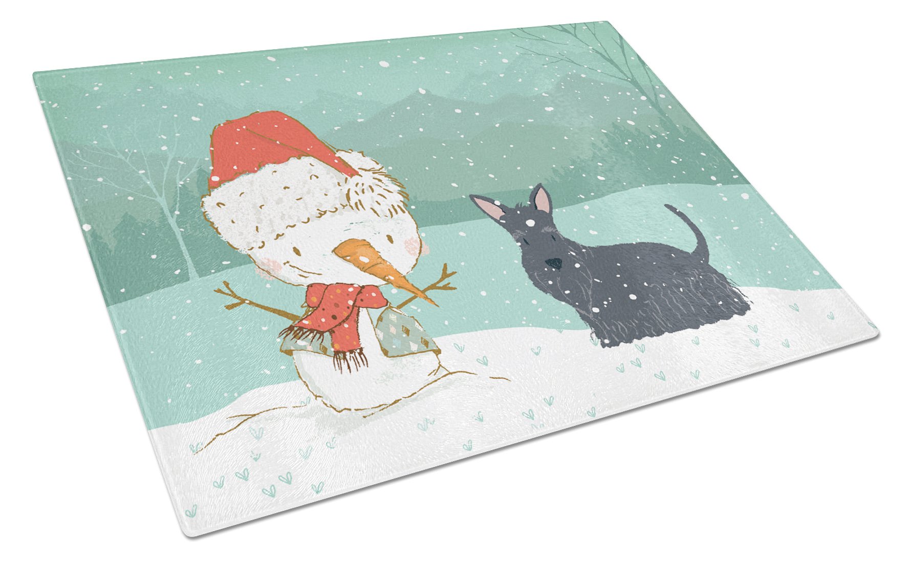Scottish Terrier Snowman Christmas Cutting Board Tempered Glass Kitchen Cutting Surface, Heat Resistant Chopping, Non-Slip Feet, Food Prep & Serving