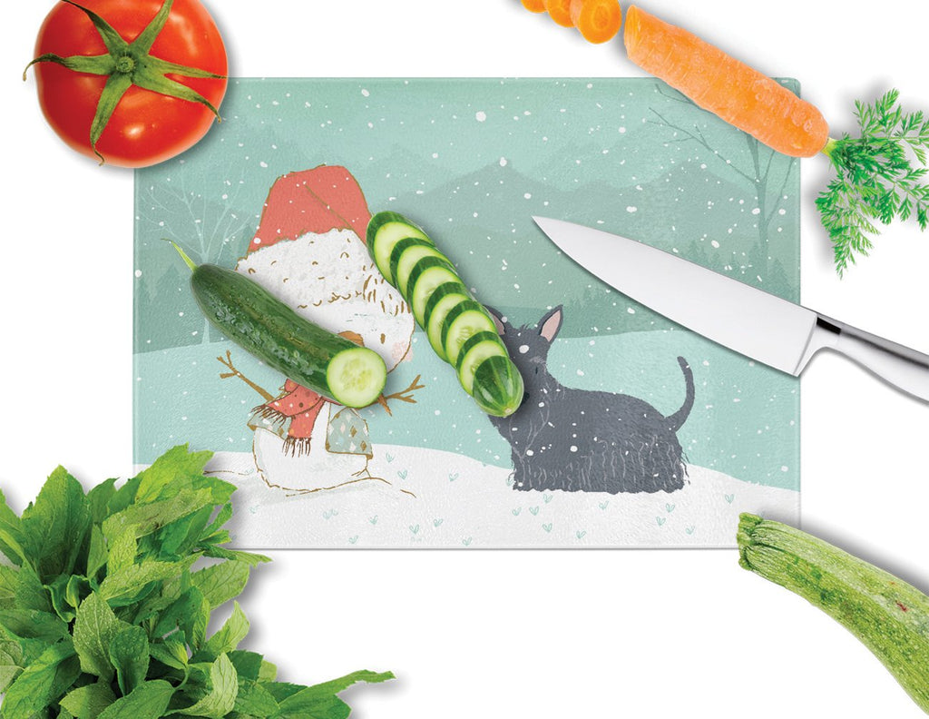 Scottish Terrier Snowman Christmas Cutting Board Tempered Glass Kitchen Cutting Surface, Heat Resistant Chopping, Non-Slip Feet, Food Prep & Serving