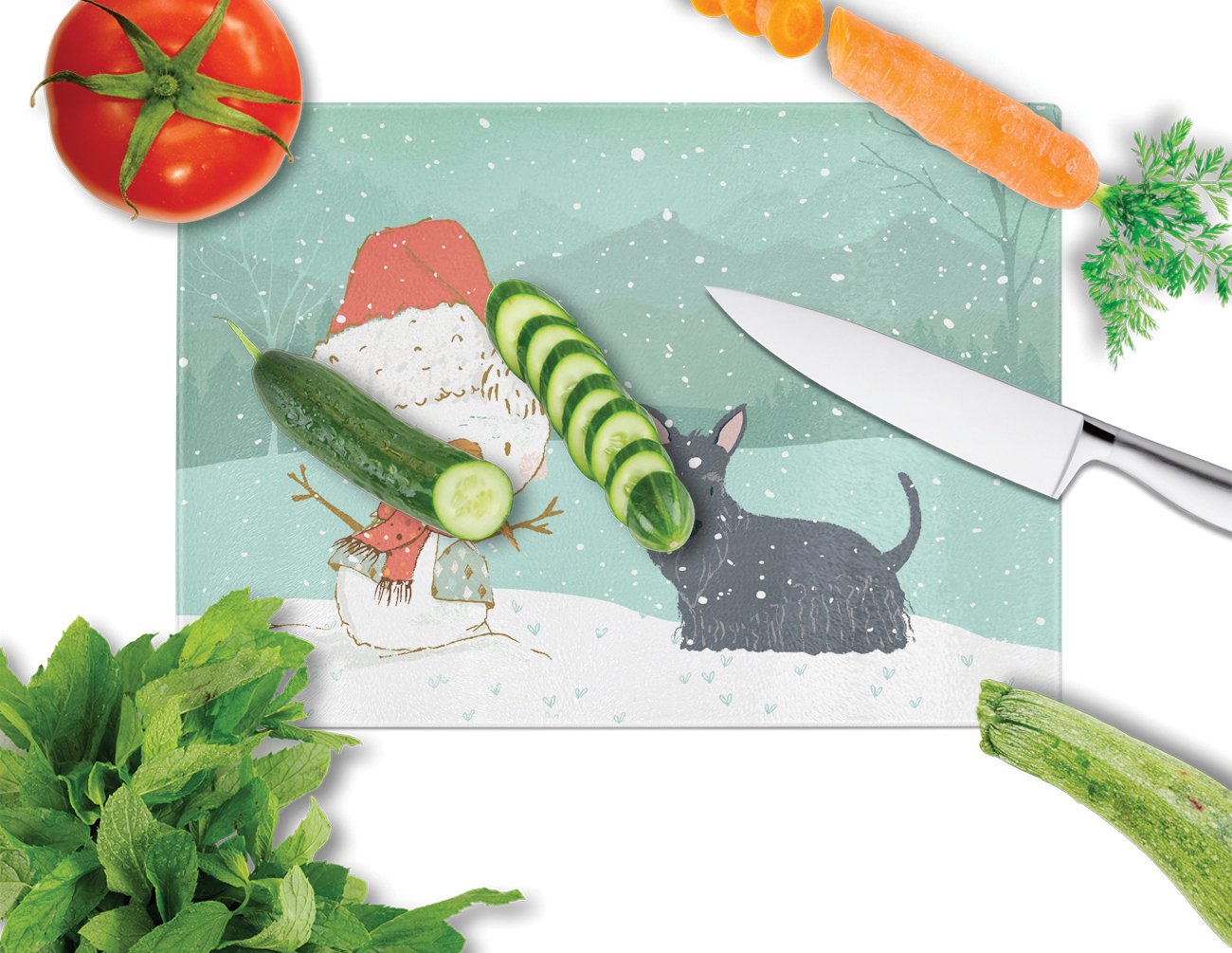 Scottish Terrier Snowman Christmas Cutting Board Tempered Glass Kitchen Cutting Surface, Heat Resistant Chopping, Non-Slip Feet, Food Prep & Serving