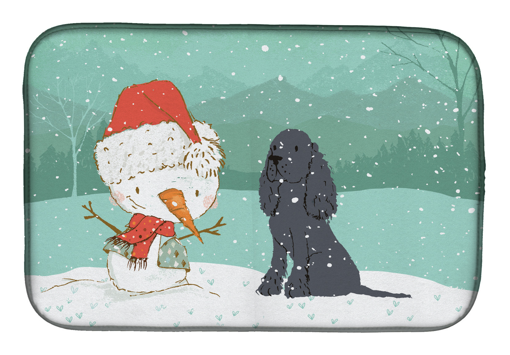 Black Spaniel Snowman Christmas Dish Drying Mat Absorbent Dish Drying Mat Pad for Kitchen Counter Dish Drainer Mat for Countertop, 14 x 21", Multicolor