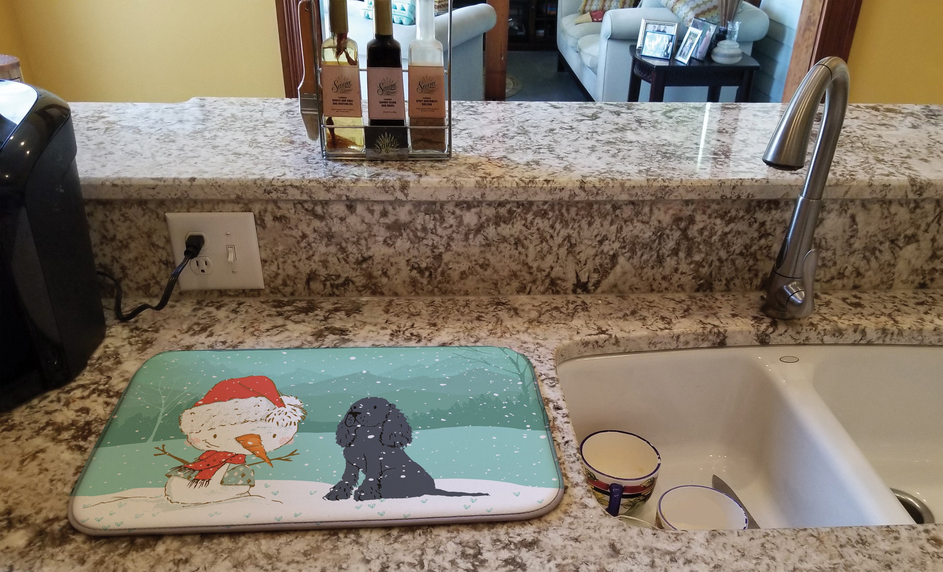 Black Spaniel Snowman Christmas Dish Drying Mat Absorbent Dish Drying Mat Pad for Kitchen Counter Dish Drainer Mat for Countertop, 14 x 21", Multicolor