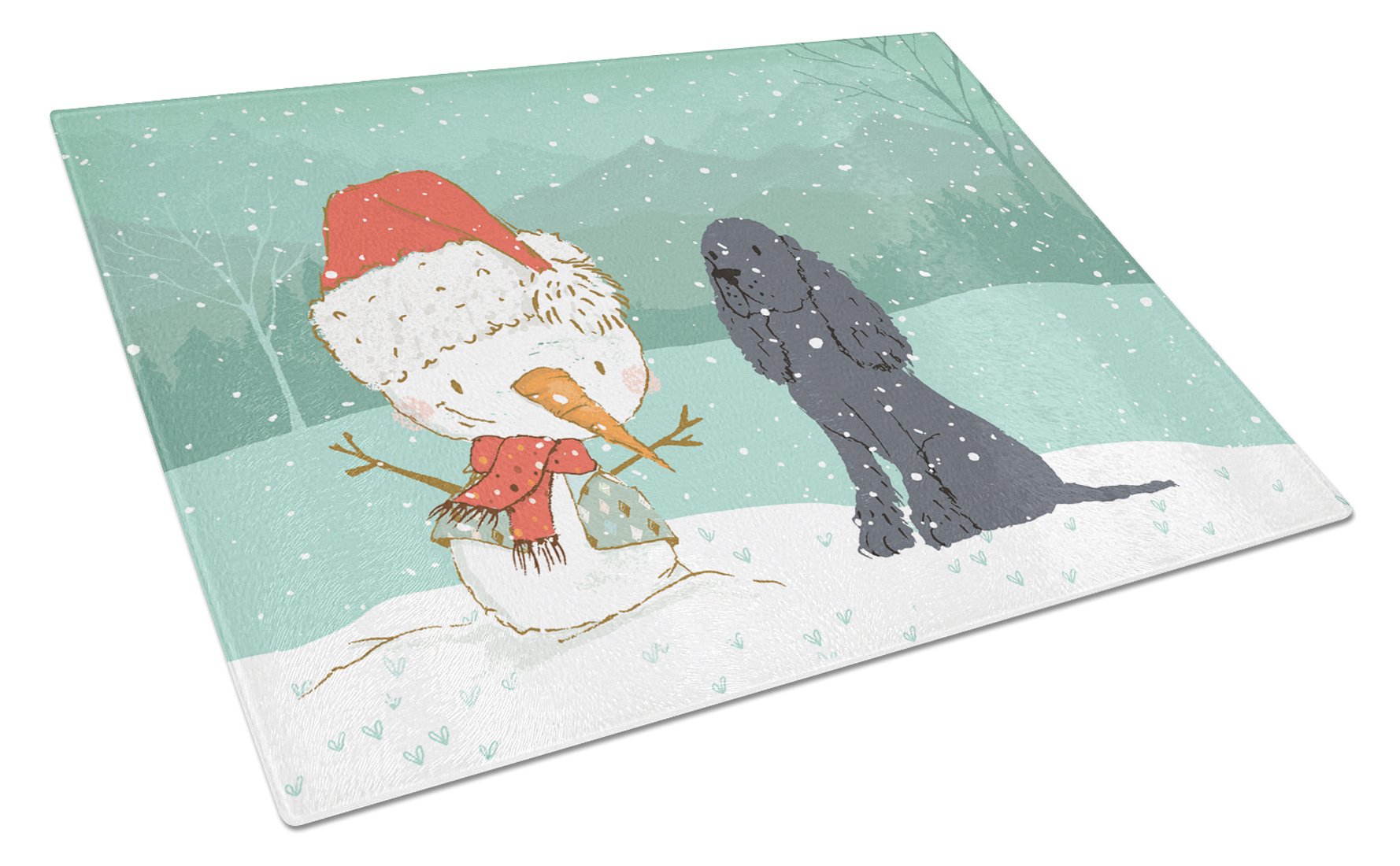 Black Spaniel Snowman Christmas Cutting Board Tempered Glass Kitchen Cutting Surface, Heat Resistant Chopping, Non-Slip Feet, Food Prep & Serving