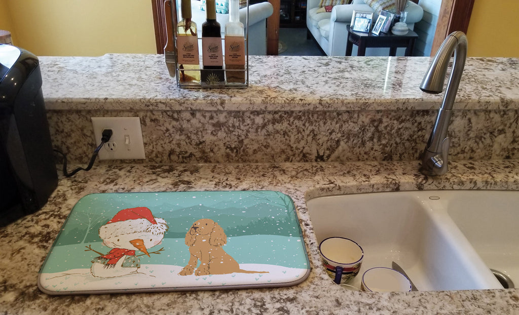 Tan Spaniel Snowman Christmas Dish Drying Mat Absorbent Dish Drying Mat Pad for Kitchen Counter Dish Drainer Mat for Countertop, 14 x 21", Multicolor