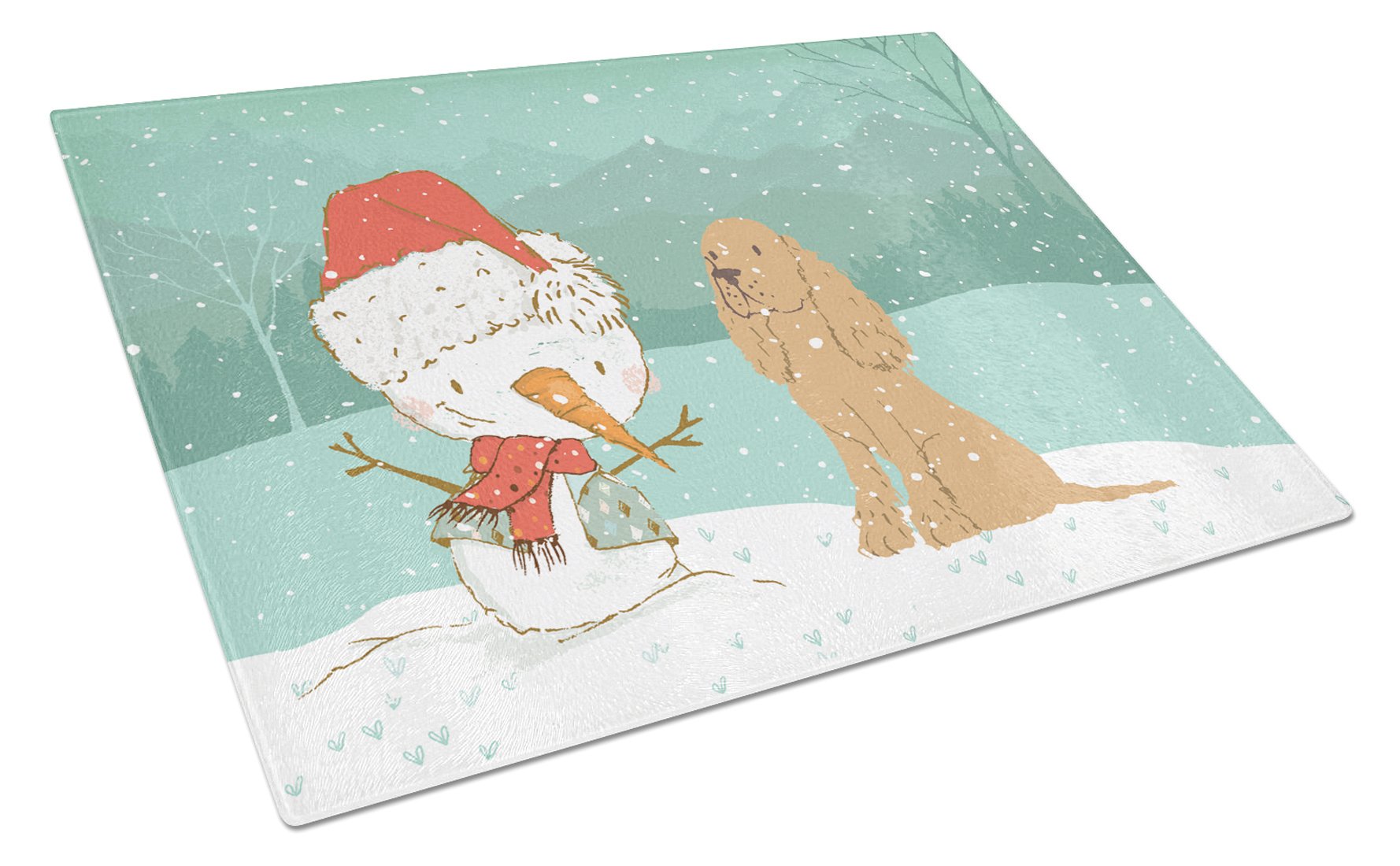 Tan Spaniel Snowman Christmas Cutting Board Tempered Glass Kitchen Cutting Surface, Heat Resistant Chopping, Non-Slip Feet, Food Prep & Serving