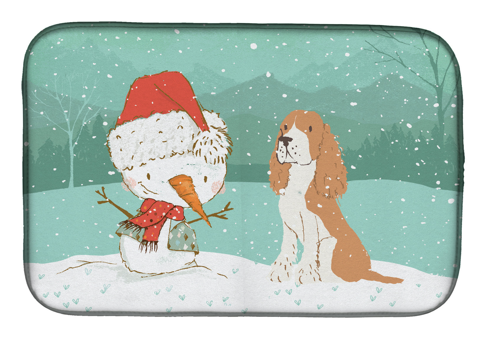 Red Spaniel Snowman Christmas Dish Drying Mat Absorbent Dish Drying Mat Pad for Kitchen Counter Dish Drainer Mat for Countertop, 14 x 21", Multicolor
