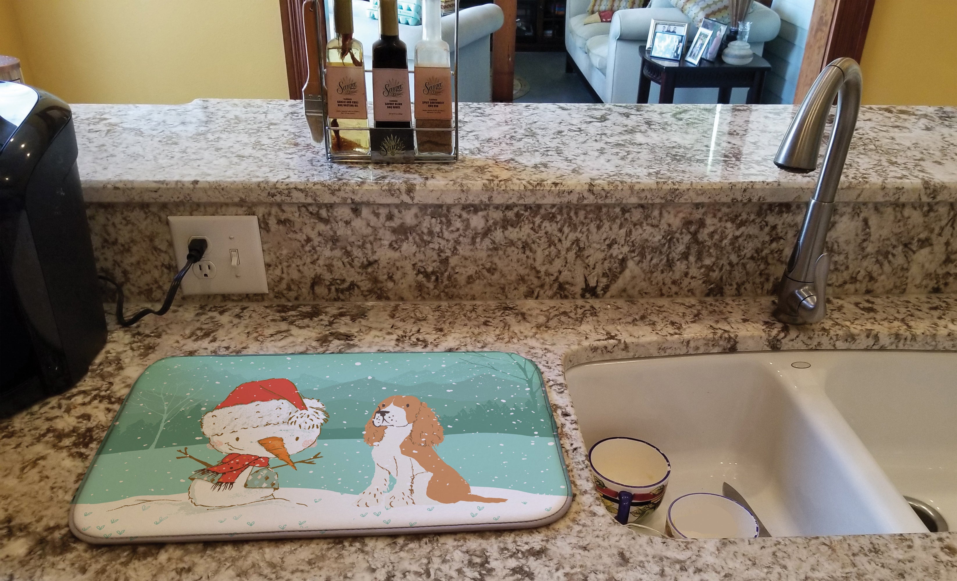 Red Spaniel Snowman Christmas Dish Drying Mat Absorbent Dish Drying Mat Pad for Kitchen Counter Dish Drainer Mat for Countertop, 14 x 21", Multicolor
