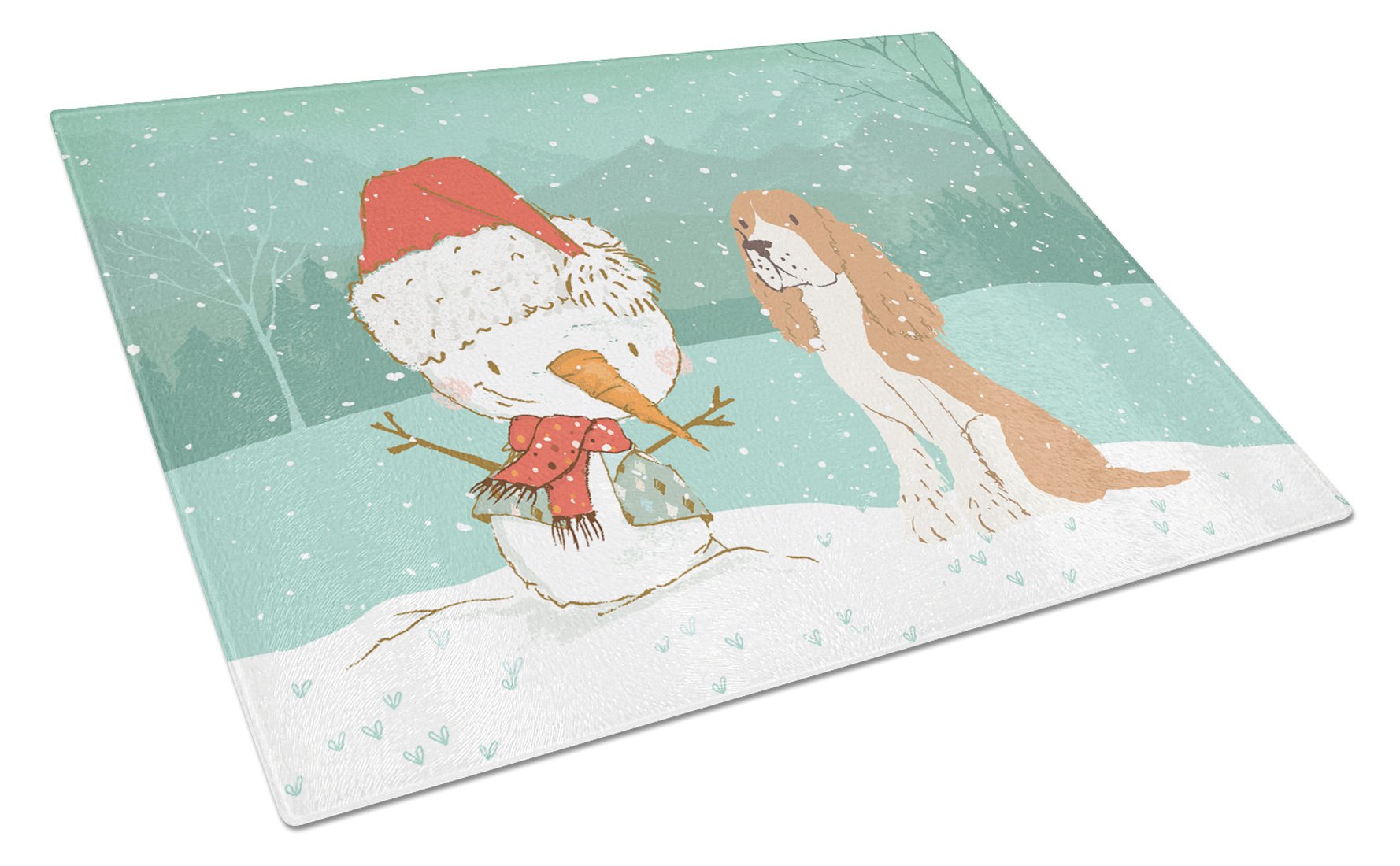 Red Spaniel Snowman Christmas Cutting Board Tempered Glass Kitchen Cutting Surface, Heat Resistant Chopping, Non-Slip Feet, Food Prep & Serving