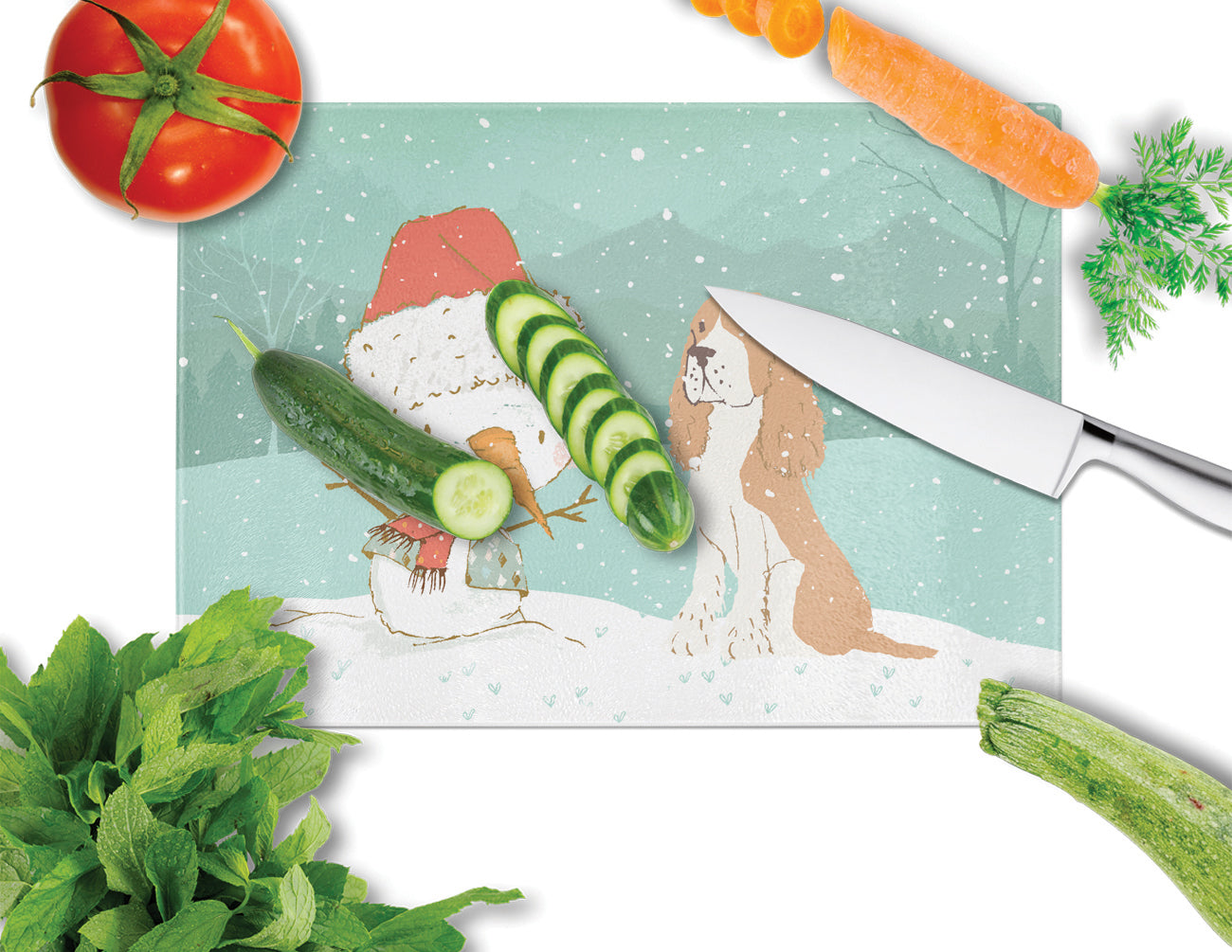 Red Spaniel Snowman Christmas Cutting Board Tempered Glass Kitchen Cutting Surface, Heat Resistant Chopping, Non-Slip Feet, Food Prep & Serving
