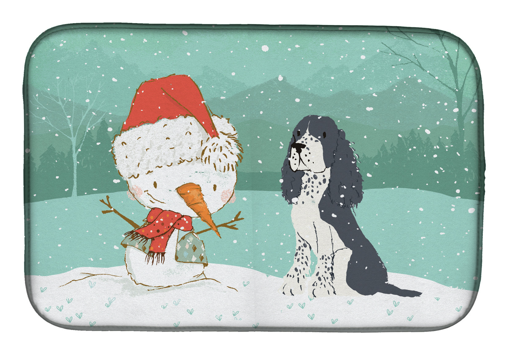 English Springer Spaniel Snowman Christmas Dish Drying Mat Absorbent Dish Drying Mat Pad for Kitchen Counter Dish Drainer Mat for Countertop, 14 x 21", Multicolor