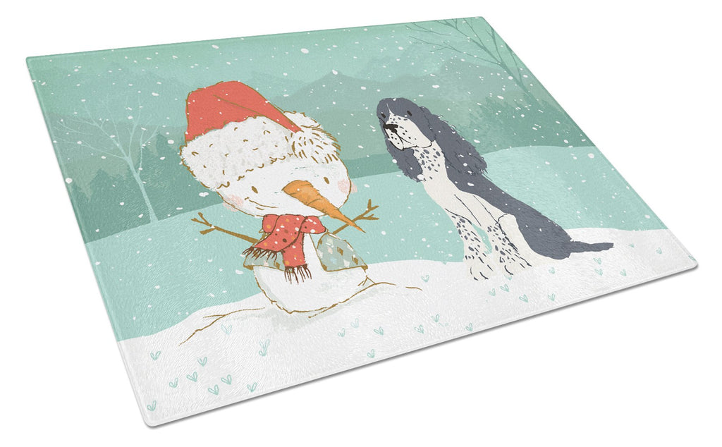 English Springer Spaniel Snowman Christmas Cutting Board Tempered Glass Kitchen Cutting Surface, Heat Resistant Chopping, Non-Slip Feet, Food Prep & Serving