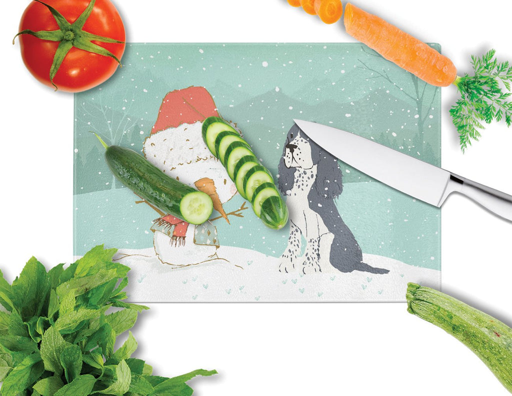 English Springer Spaniel Snowman Christmas Cutting Board Tempered Glass Kitchen Cutting Surface, Heat Resistant Chopping, Non-Slip Feet, Food Prep & Serving