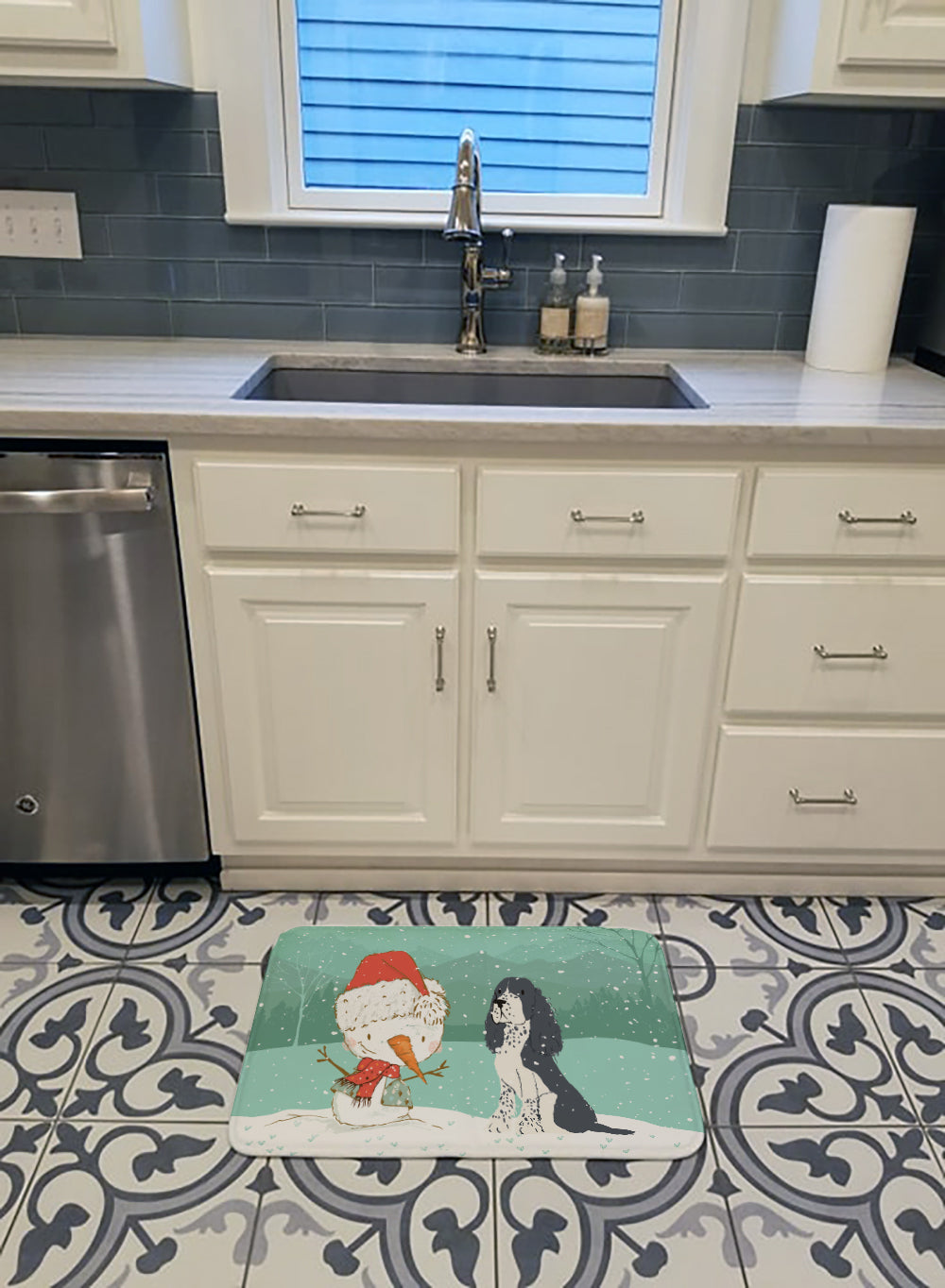 English Springer Spaniel Snowman Christmas Memory Foam Kitchen Mat Machine Washable Anti-Fatigue Cushion Comfort Bath or Kitchen Rug