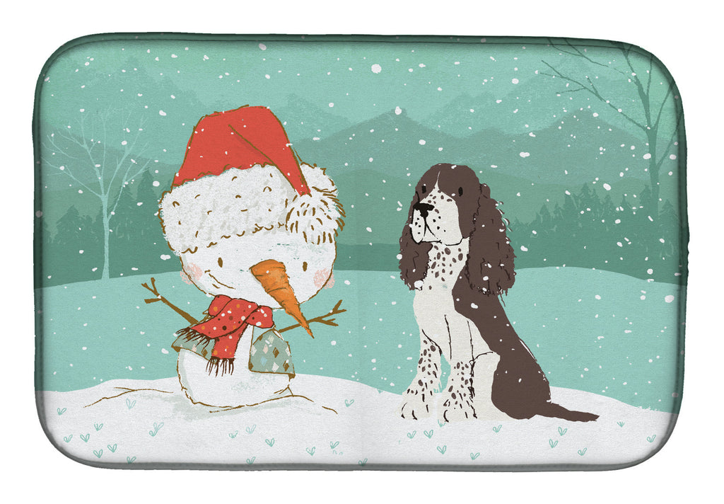 Brown English Springer Spaniel Snowman Christmas Dish Drying Mat Absorbent Dish Drying Mat Pad for Kitchen Counter Dish Drainer Mat for Countertop, 14 x 21", Multicolor