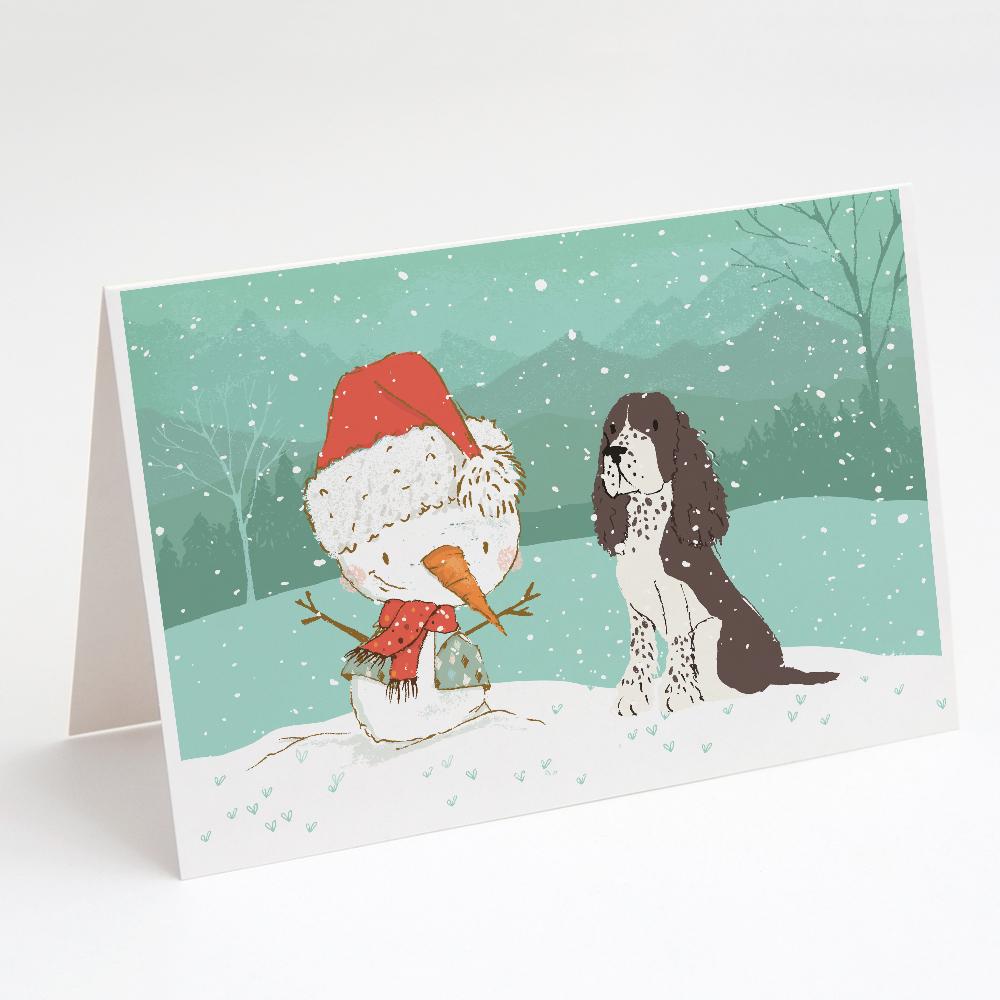 Brown English Springer Spaniel Snowman Christmas Greeting Cards Pack of 8 Blank Cards with Envelopes Whimsical A7 Size 5x7