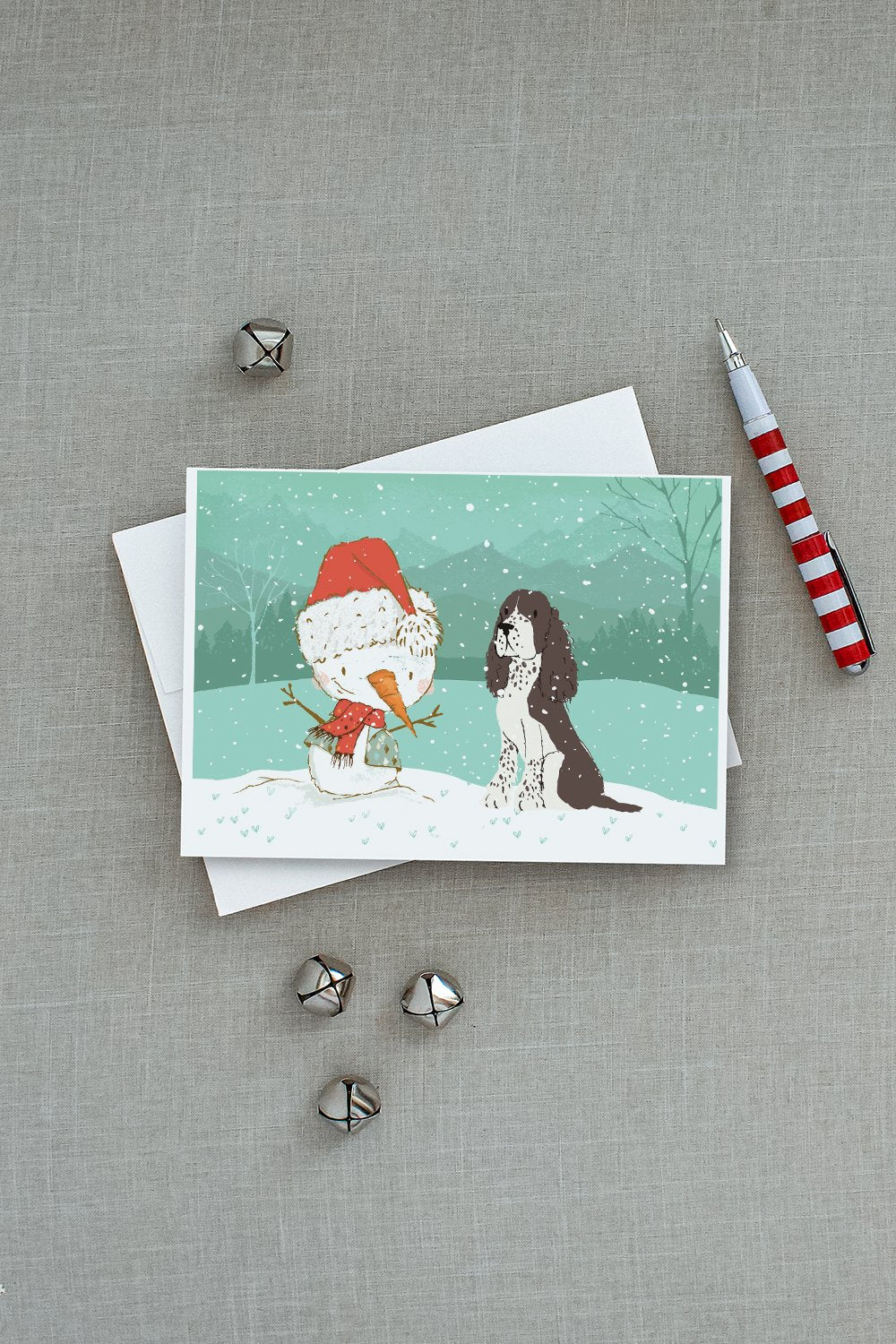 Brown English Springer Spaniel Snowman Christmas Greeting Cards Pack of 8 Blank Cards with Envelopes Whimsical A7 Size 5x7