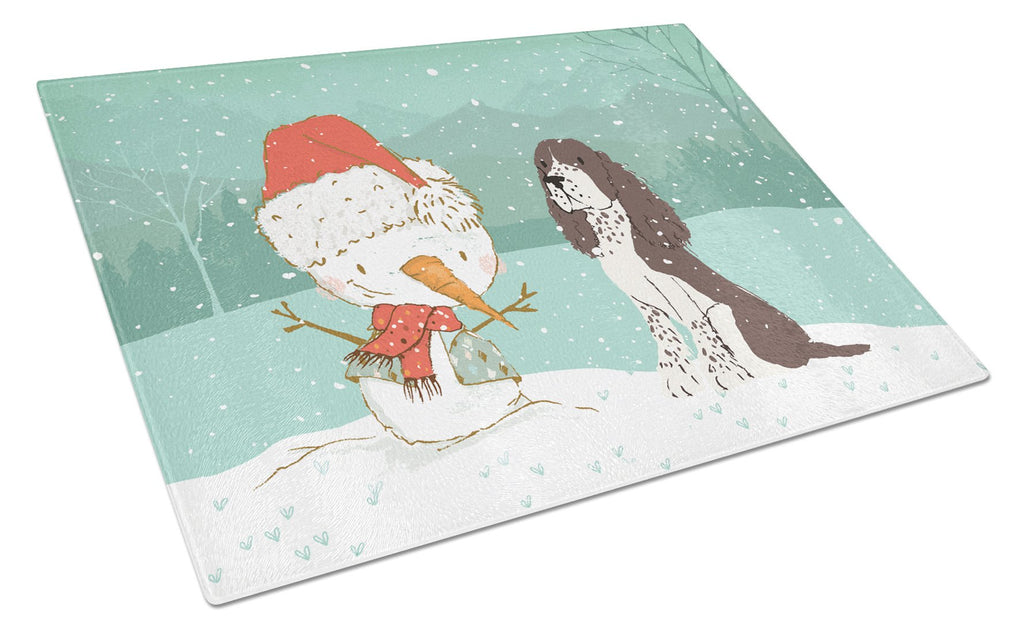 Brown English Springer Spaniel Snowman Christmas Cutting Board Tempered Glass Kitchen Cutting Surface, Heat Resistant Chopping, Non-Slip Feet, Food Prep & Serving