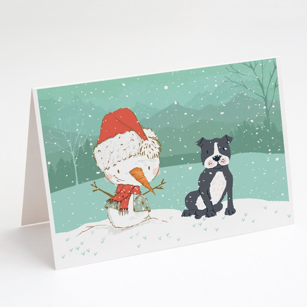 Black Staffie Snowman Christmas Greeting Cards Pack of 8 Blank Cards with Envelopes Whimsical A7 Size 5x7