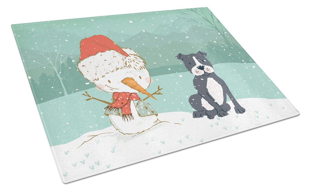 Black Staffie Snowman Christmas Cutting Board Tempered Glass Kitchen Cutting Surface, Heat Resistant Chopping, Non-Slip Feet, Food Prep & Serving