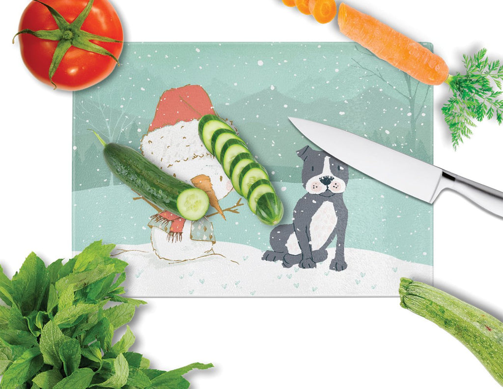Black Staffie Snowman Christmas Cutting Board Tempered Glass Kitchen Cutting Surface, Heat Resistant Chopping, Non-Slip Feet, Food Prep & Serving