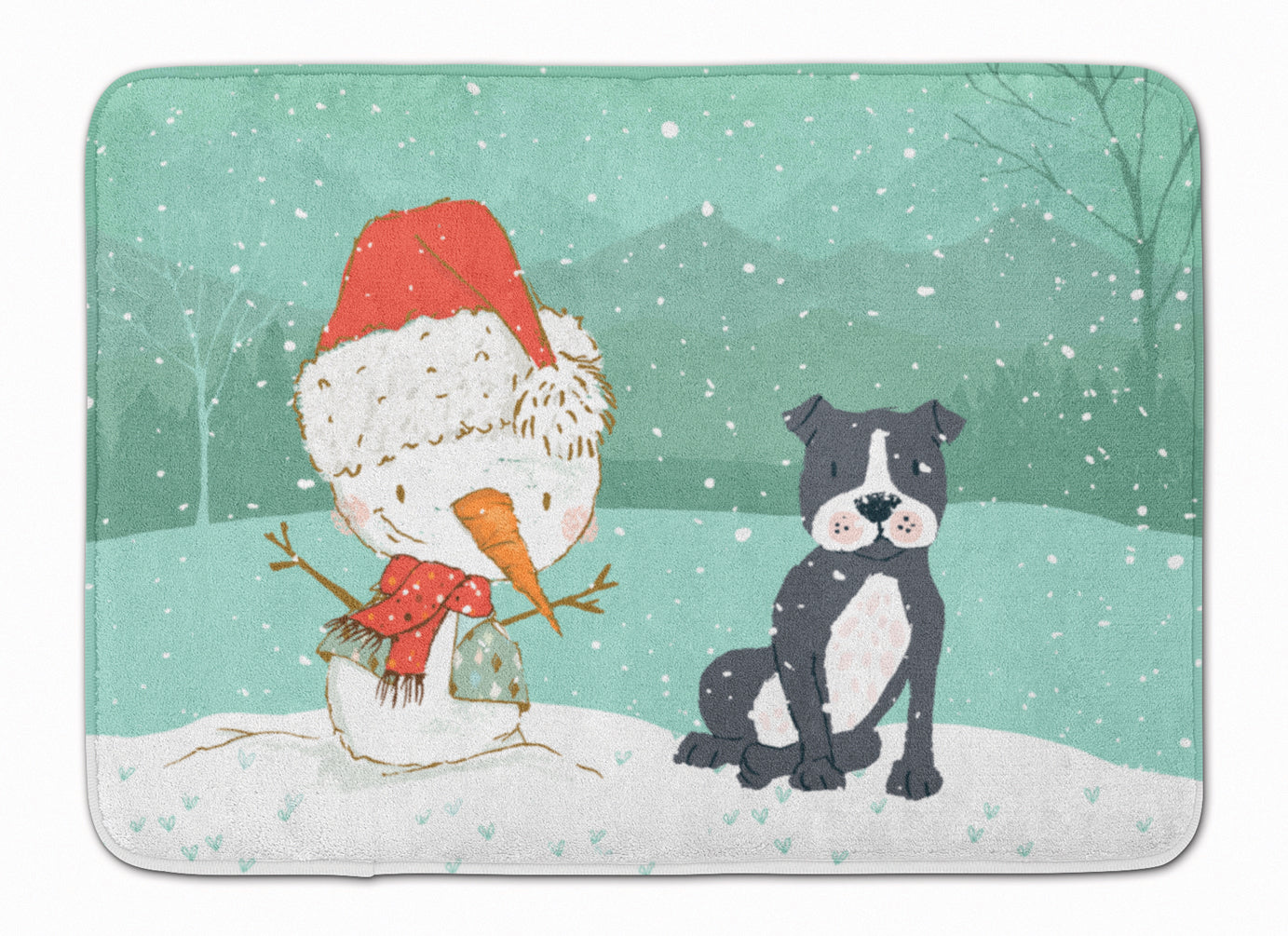 Black Staffie Snowman Christmas Memory Foam Kitchen Mat Machine Washable Anti-Fatigue Cushion Comfort Bath or Kitchen Rug