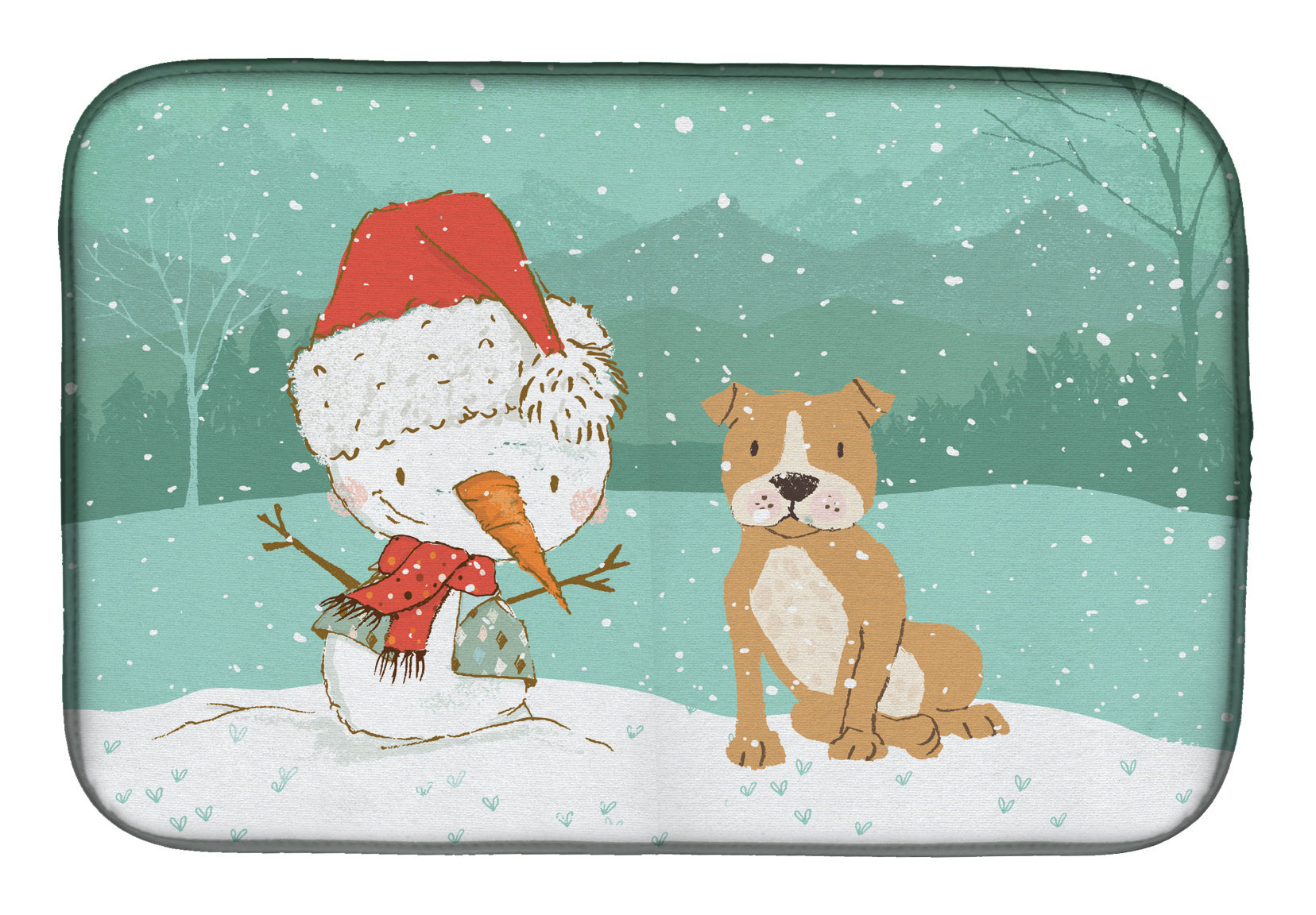 Brown Staffie Snowman Christmas Dish Drying Mat Absorbent Dish Drying Mat Pad for Kitchen Counter Dish Drainer Mat for Countertop, 14 x 21", Multicolor