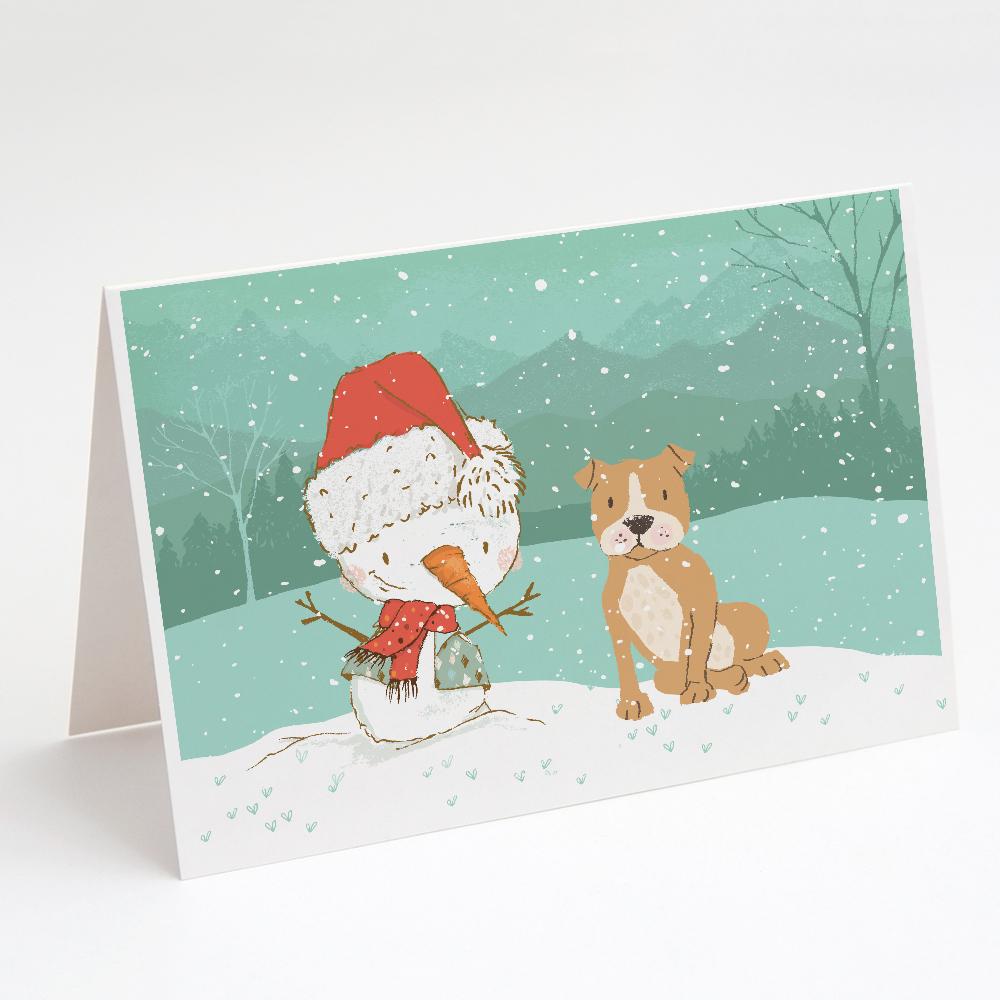 Brown Staffie Snowman Christmas Greeting Cards Pack of 8 Blank Cards with Envelopes Whimsical A7 Size 5x7