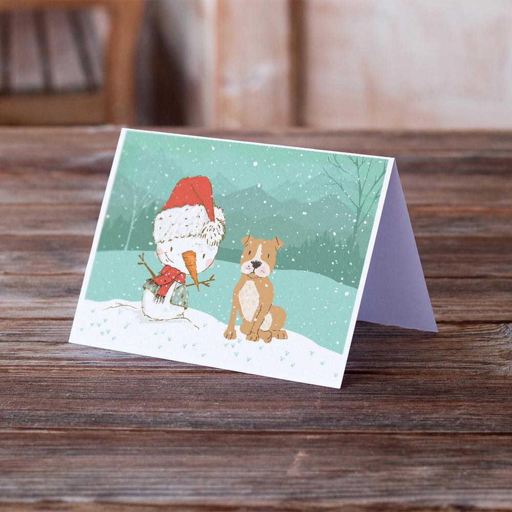 Brown Staffie Snowman Christmas Greeting Cards Pack of 8 Blank Cards with Envelopes Whimsical A7 Size 5x7