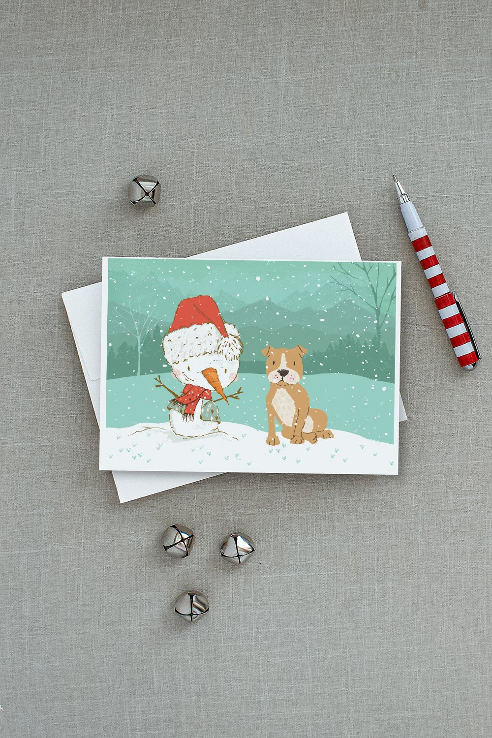 Brown Staffie Snowman Christmas Greeting Cards Pack of 8 Blank Cards with Envelopes Whimsical A7 Size 5x7